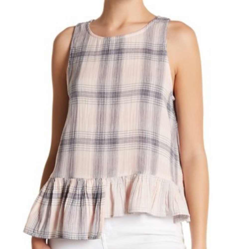 Susina Plaid Sleeveless Peplum Tank Pink & Gray
